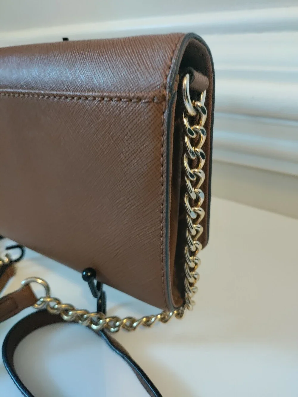 Michael Kors Cognac Saffiano Leather Crossbody Wallet with Gold Chain